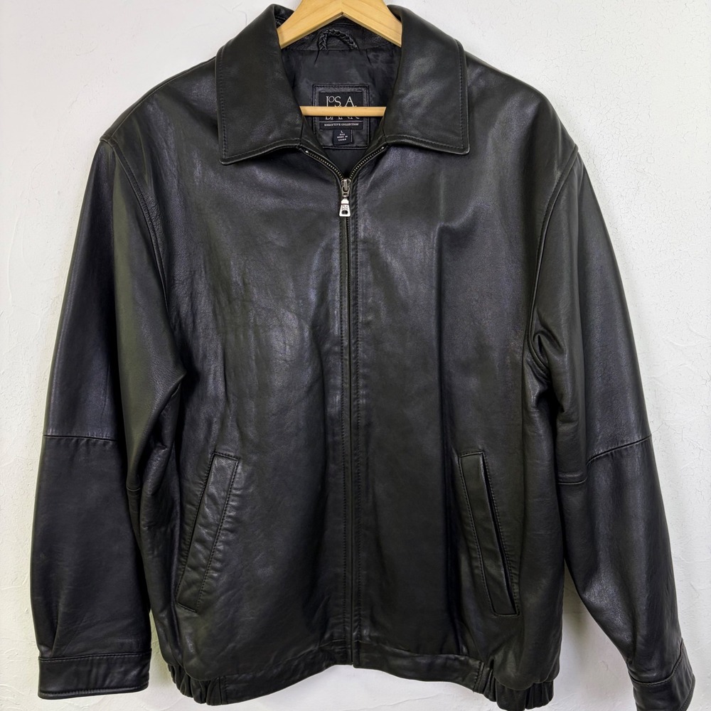 Jos A Bank Leather Bomber Jacket Mens Large Black Full Zip Executive Vintage